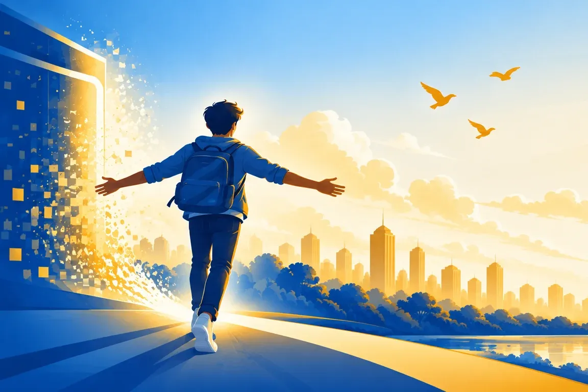 Illustration: a teenager with a backpack walks away from a dissolving screen towards a sunlit city skyline, arms spread wide, as birds fly overhead.